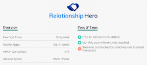 Overview Average Price:​ $59/week Mobile Apps: iOS, Android HIPAA-Compliant: N/A Session Types: Chat, Phone